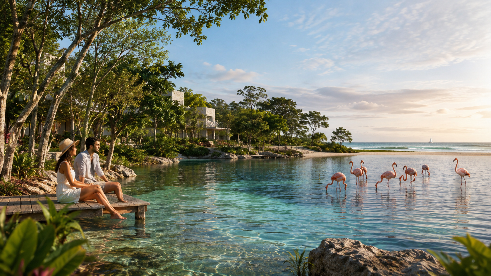 Costa del norte de Yucatán con agua turquesa y flamencos al atardecer